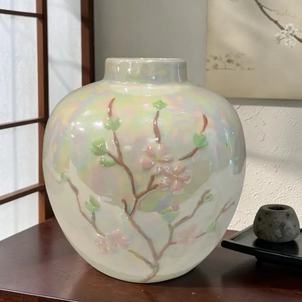Signed Iridescent Art Pottery Vase Pink Blossom Applied Flowers Pearlescent 8”